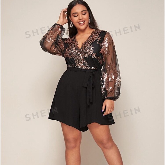 SHEIN BAE Plus Surplice Neck Sheer Lantern Sleeve Sequin Bodice Belted Romper - Picture 1 of 7